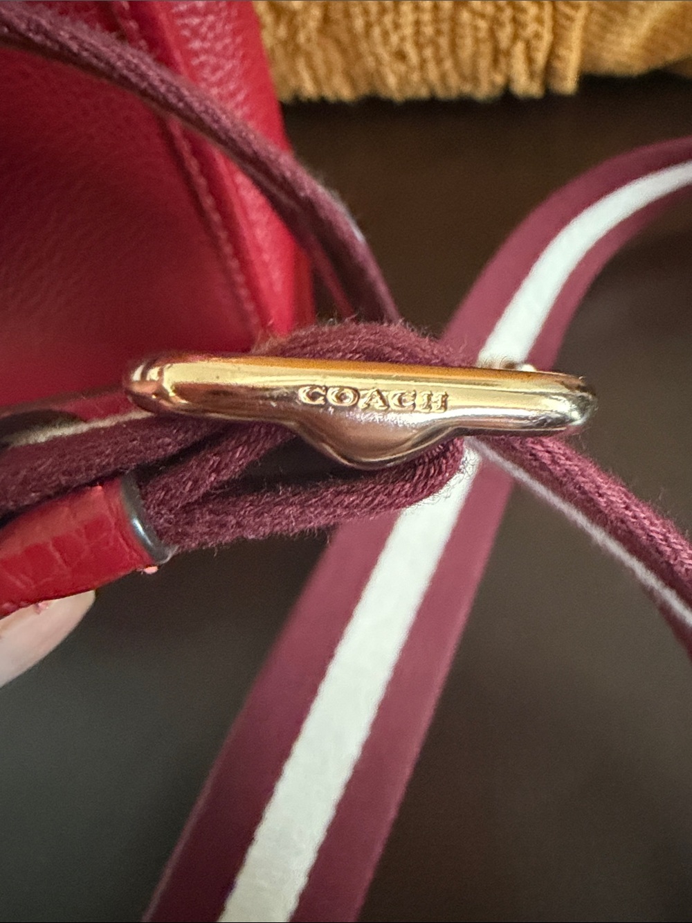 Coach Red Pebbled Leather Crossbody Tote with Striped Removable Strap - Picture 9 of 9